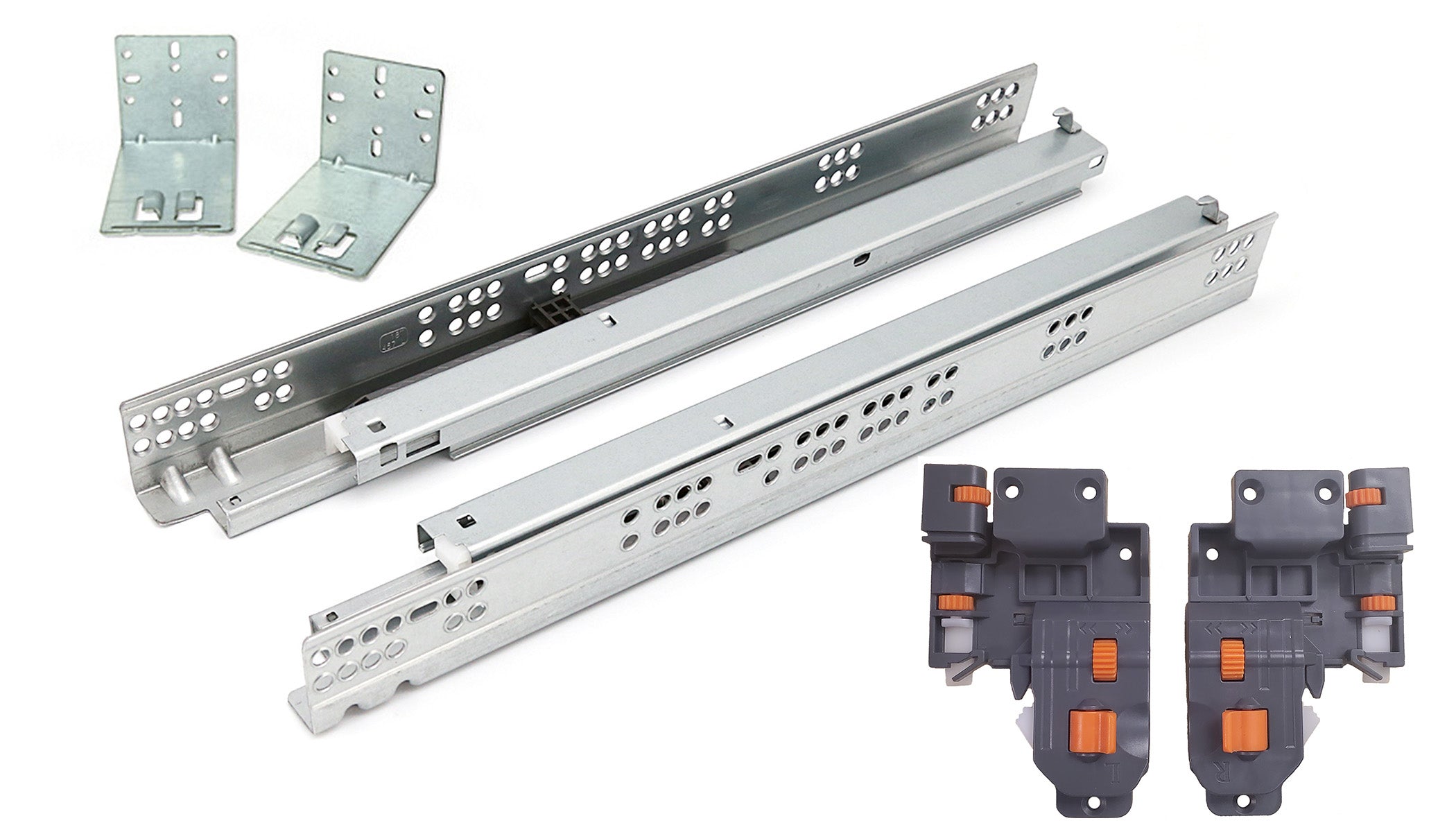 A set of metal undermount soft close full extension drawer slides in silver color, including both left and right rear mounting brackets.
