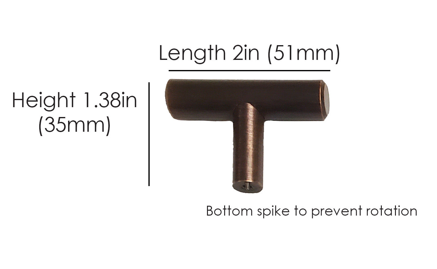 brushed oil rubbed bronze tbar 2" knob dimensions show spike for rotation prevention HardwareDirect