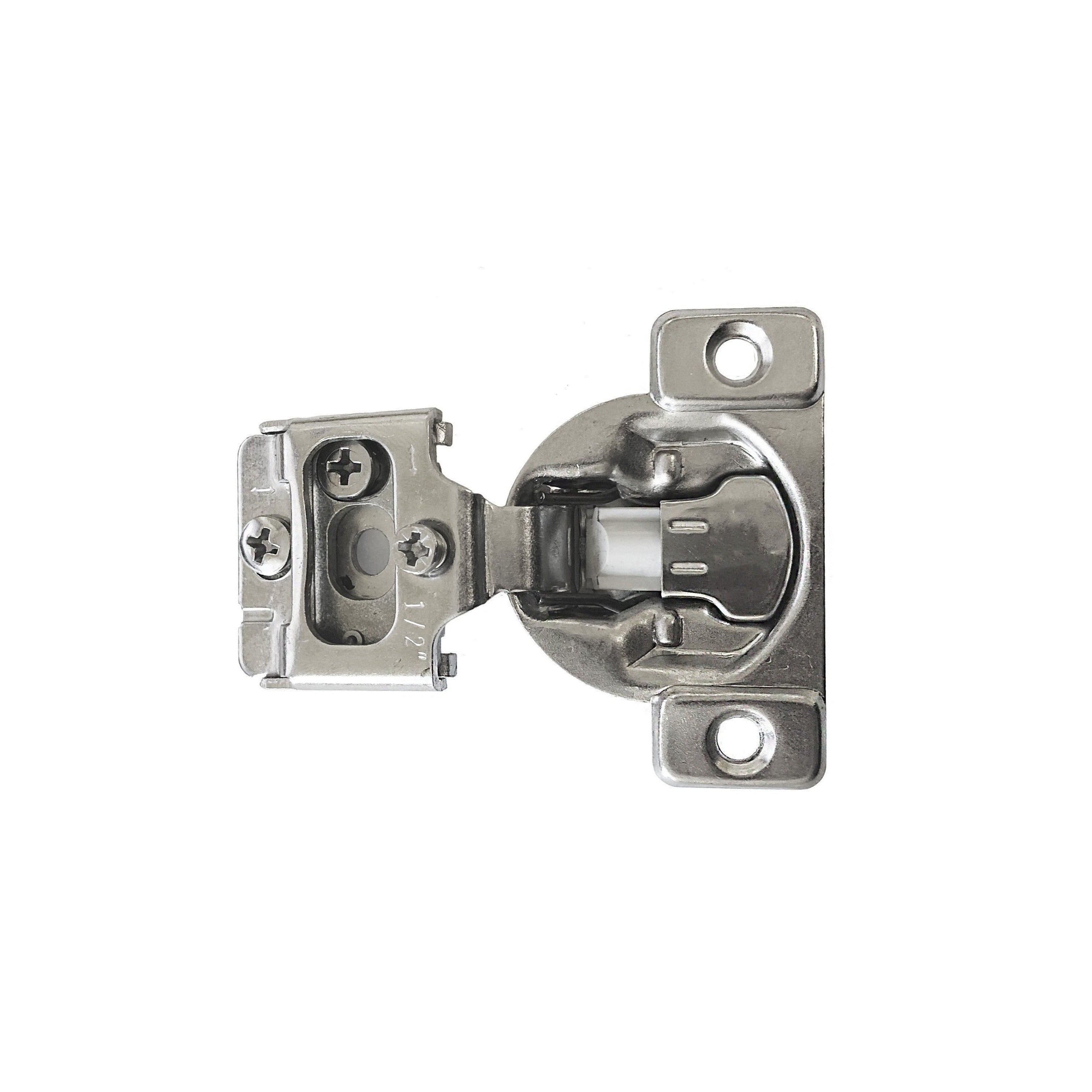 A silver metal soft-closing compact hinge with dowels designed for cabinets. Brushed Nickel 1/2 inch HardwareDirect