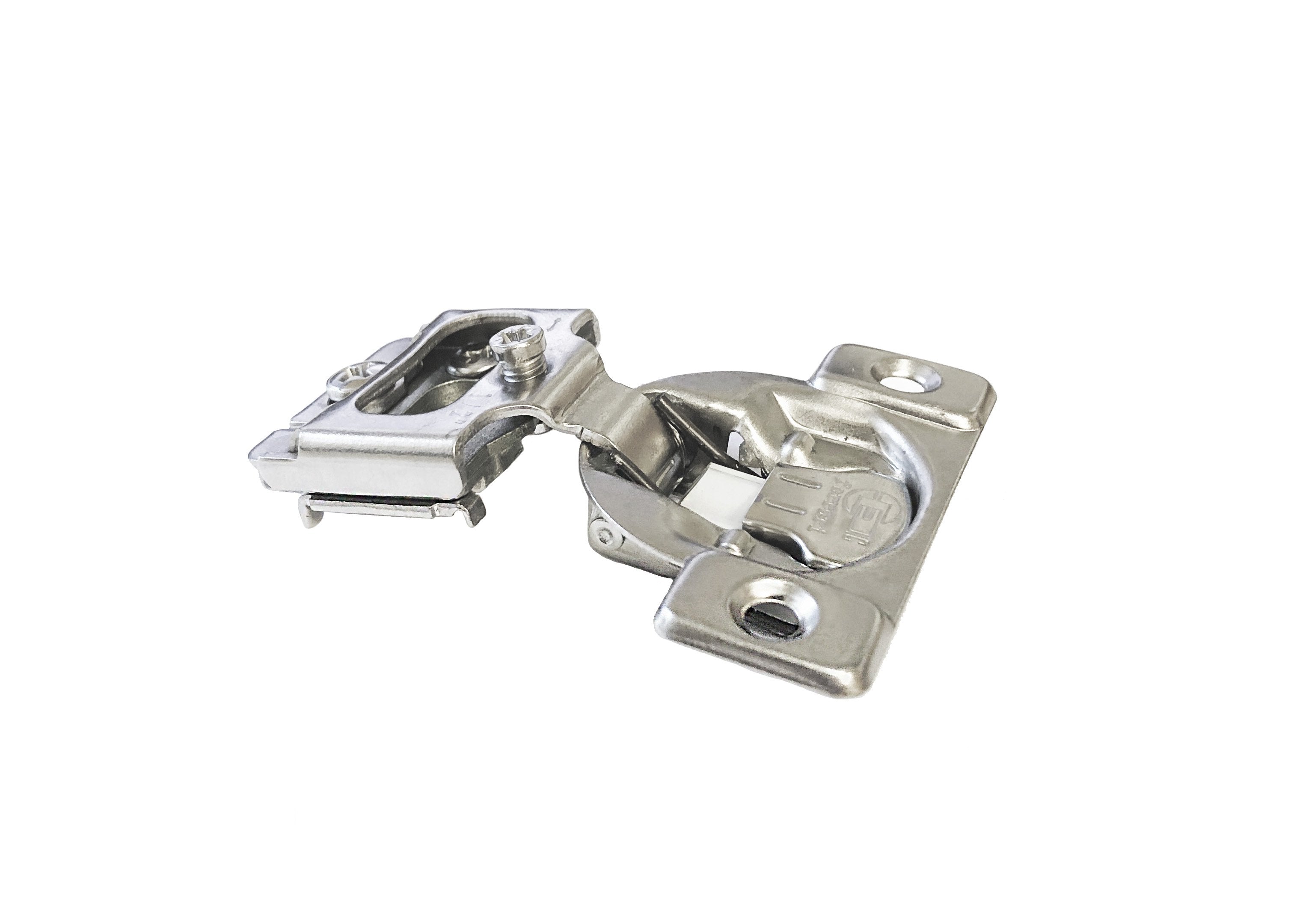 A silver metal soft-closing compact hinge with dowels designed for cabinets. Brushed Nickel 1/2 inch HardwareDirect open view