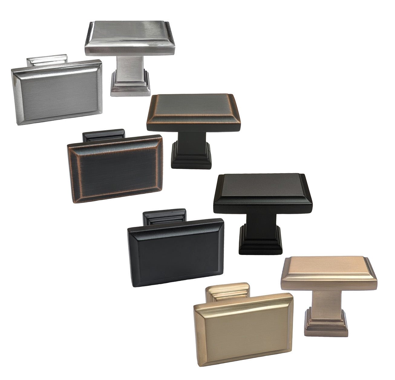 Silver, black, gold, and bronze colored knobs from the Column Collection, intended for use on a kitchen or bath cabinet or furniture piece. brushed nickel sleek modern contemporary decorative HardwareDirect