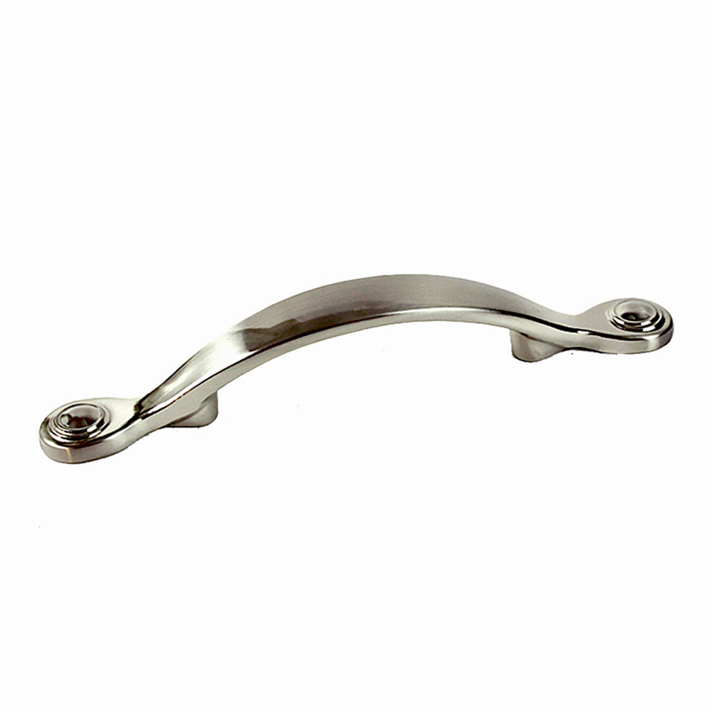 A silver-colored metal cabinet handle with a button-shaped knob and a decorative ring attached to a straight HardwareDirect Brushed Nickel handle pull knob side close view
