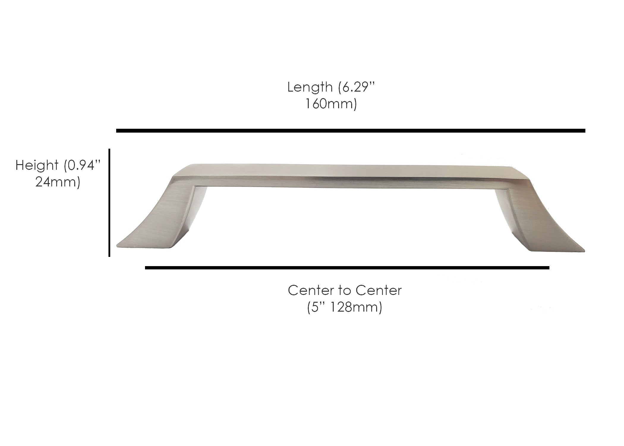Image showing dimensions of curved Craftsman-style cabinet hardware handles.  Sleek curved modern simple comtemporary HardwareDirect for kitchen and bath cabinet pulls and knobs