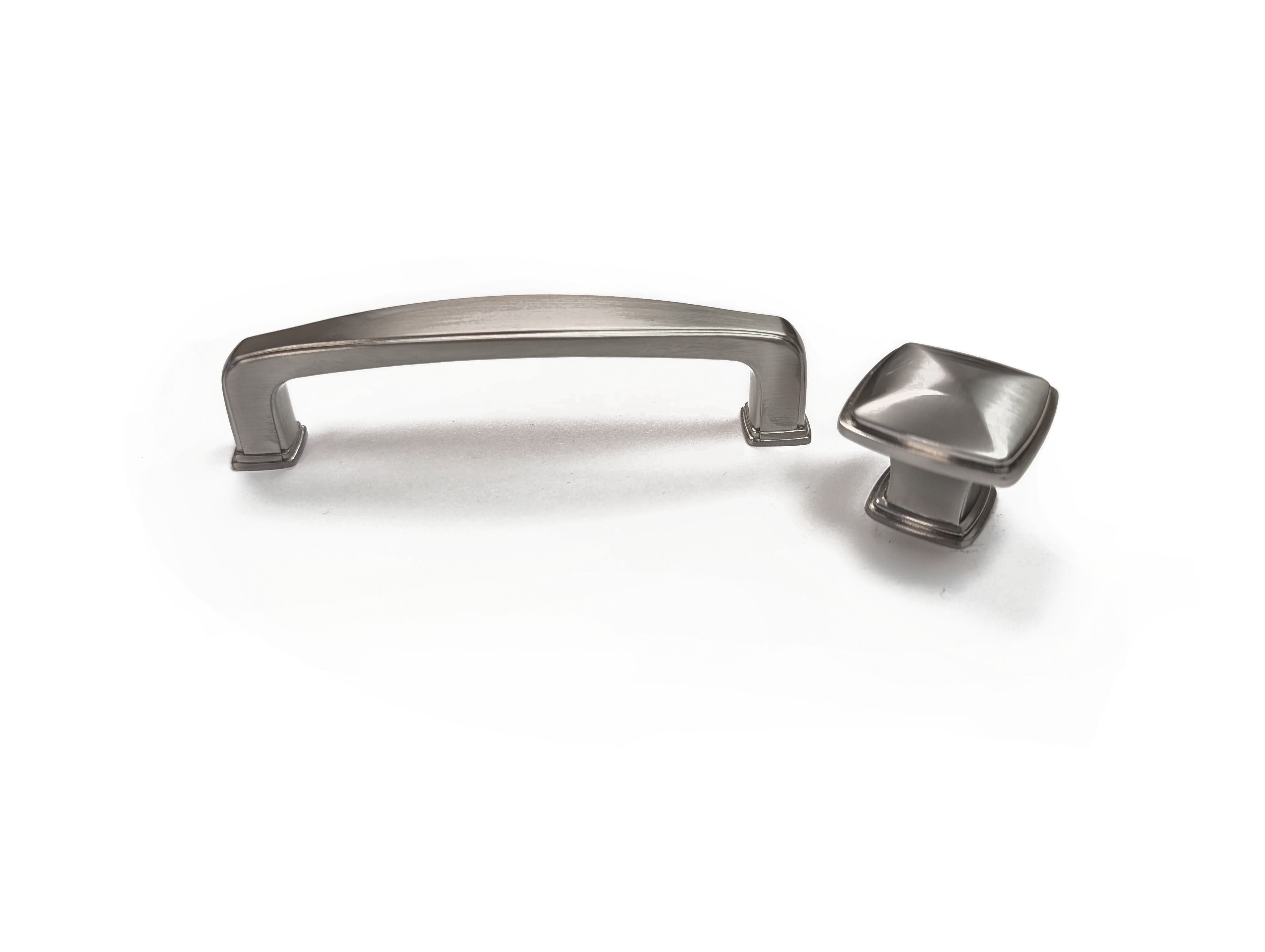 Silver colored Windsor collection knob and handle, kitchen or bath cabinets or furniture piece.  Brushed Nickel modern contemporary sleek decorative handles HardwareDirect