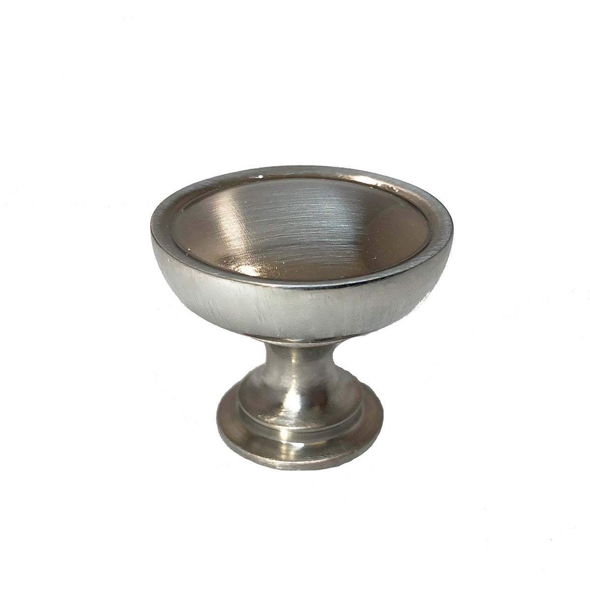 A silver-colored knob from the Fountain Collection, intended for use on a kitchen or bath cabinet or furniture piece. Brushed Nickel sleek modern contemporary decorative HardwareDirect upclose