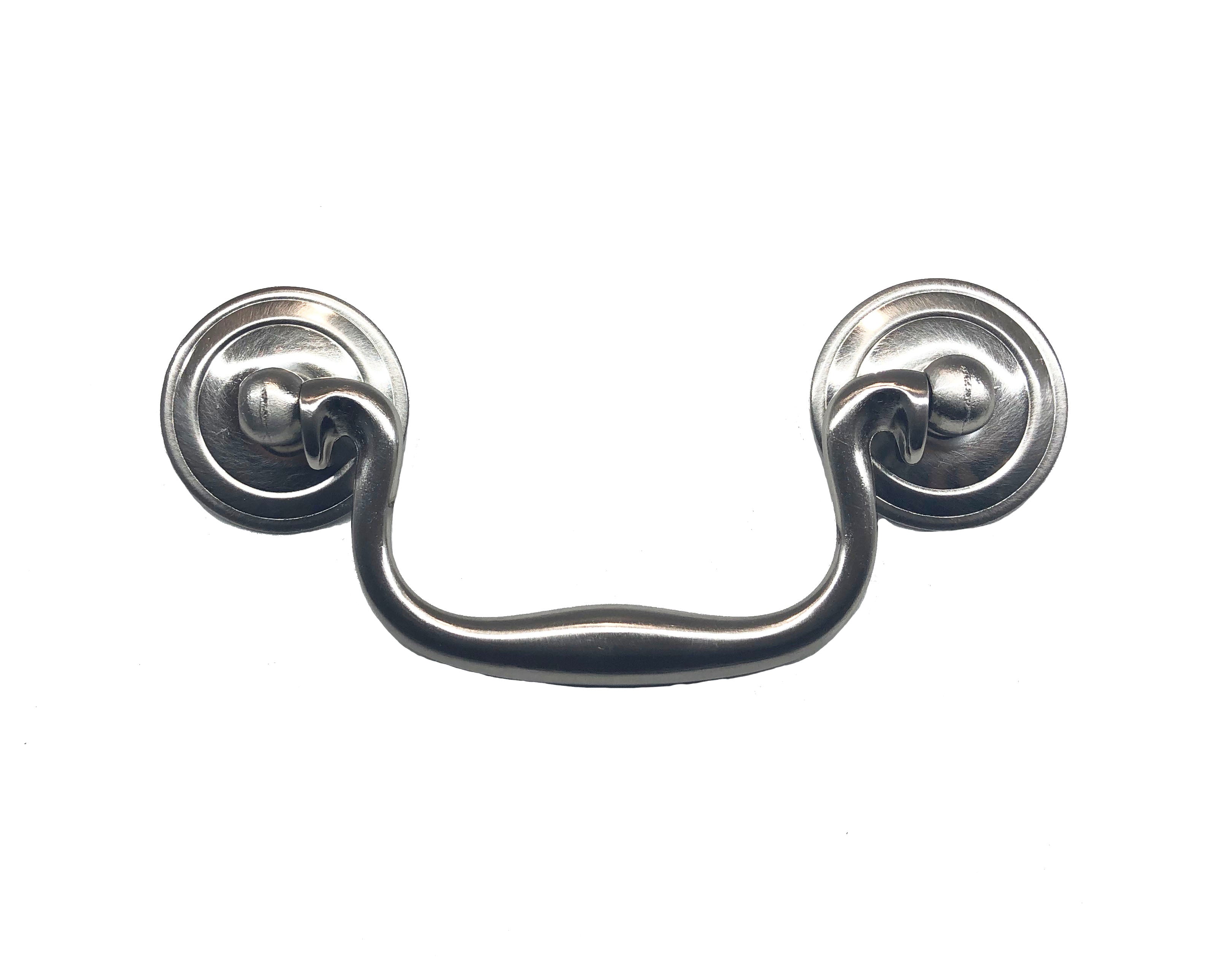 A silver-colored bail and rosette pull for cabinet hardware. Brushed nickel pull handle for kitchens and baths and furniture dressers. HardwareDirect