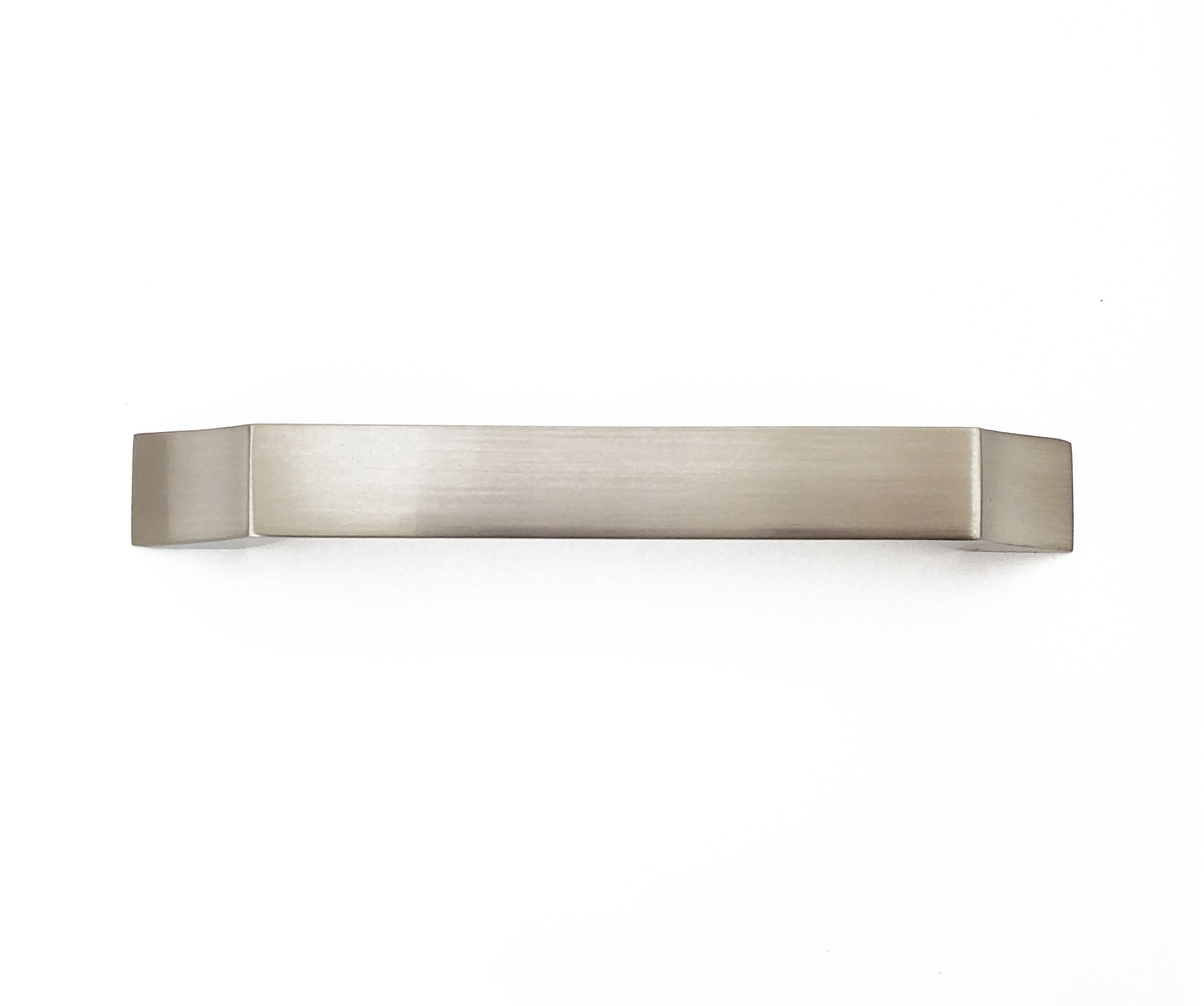 brushed nickel curved curved Craftsman-style cabinet hardware handles top view.  Sleek curved modern simple comtemporary HardwareDirect for kitchen and bath cabinet pulls and knobs