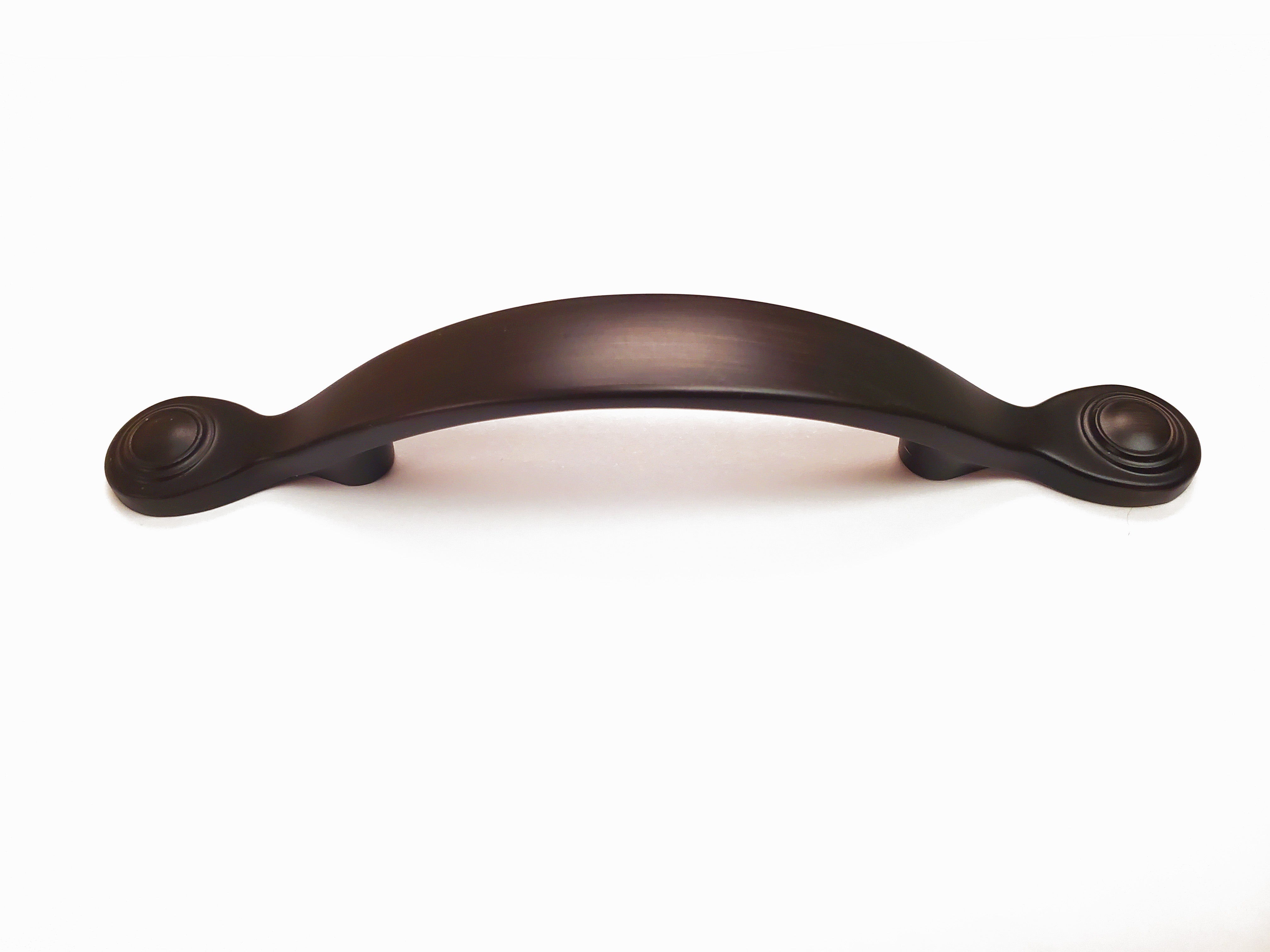 A brown-colored metal brushed oil rubbed bronze cabinet handle with a button-shaped ends and a decorative HardwareDirect handle pull knob