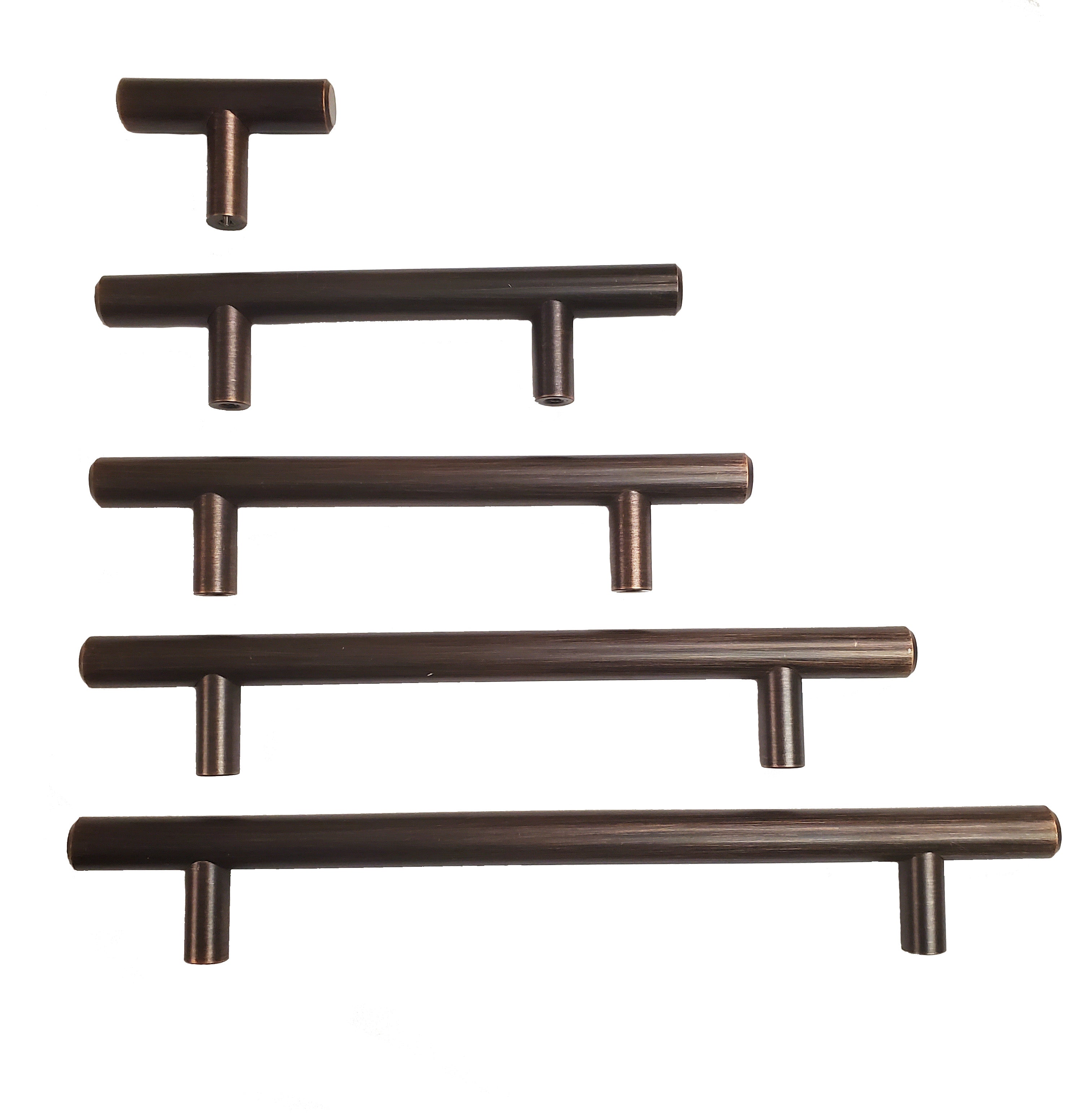 A set of brushed oil rubbed bronze T-bar cabinet pulls in a ascending sequence of sizes, displayed against a white background.