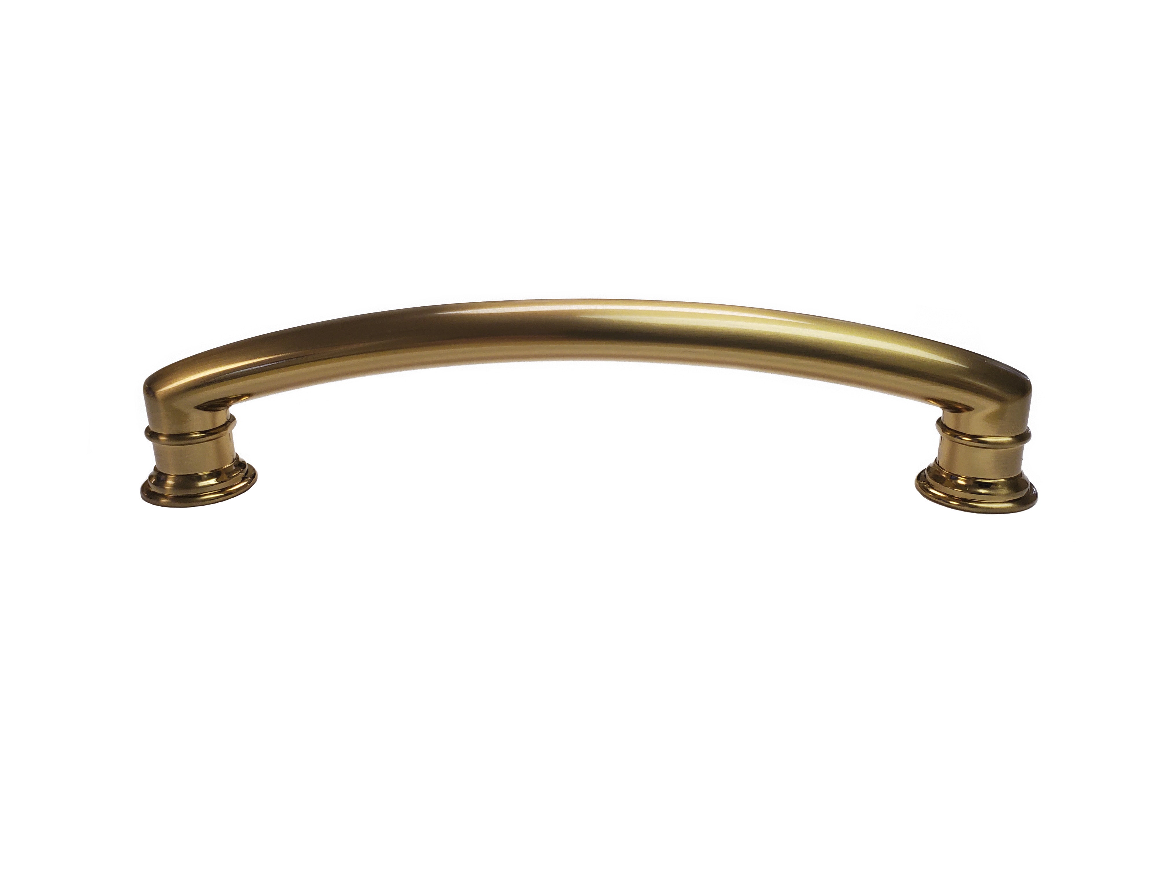 A gold colored knob and a matching handle from the Fountain Collection, intended for use on a cabinet or furniture piece. Champagne Gold Bronze sleek modern contemporary farmhouse decorative HardwareDirect