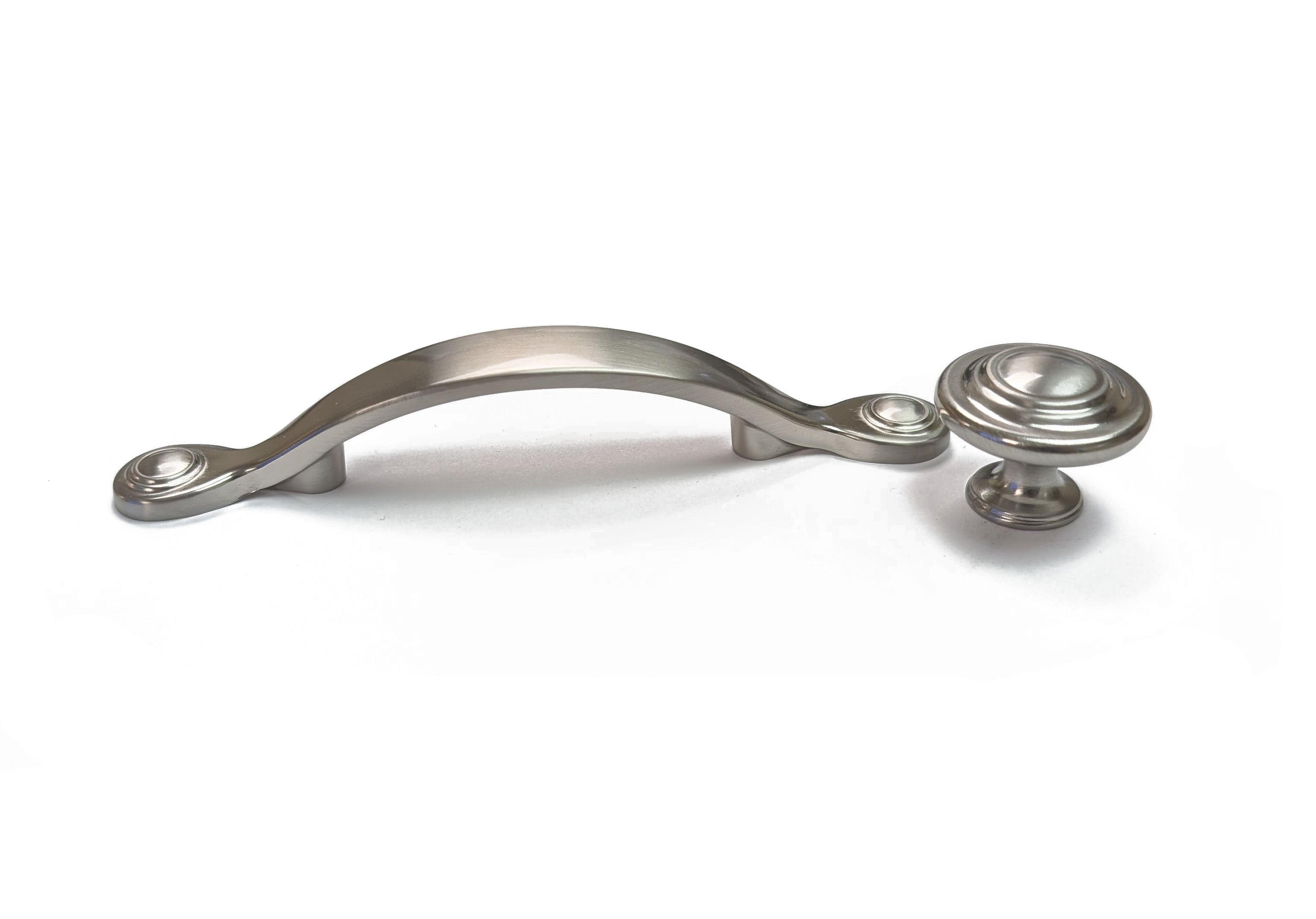 A silver-colored metal cabinet handle with a button-shaped knob and a decorative ring attached to a straight HardwareDirect Brushed Nickel handle pull knob