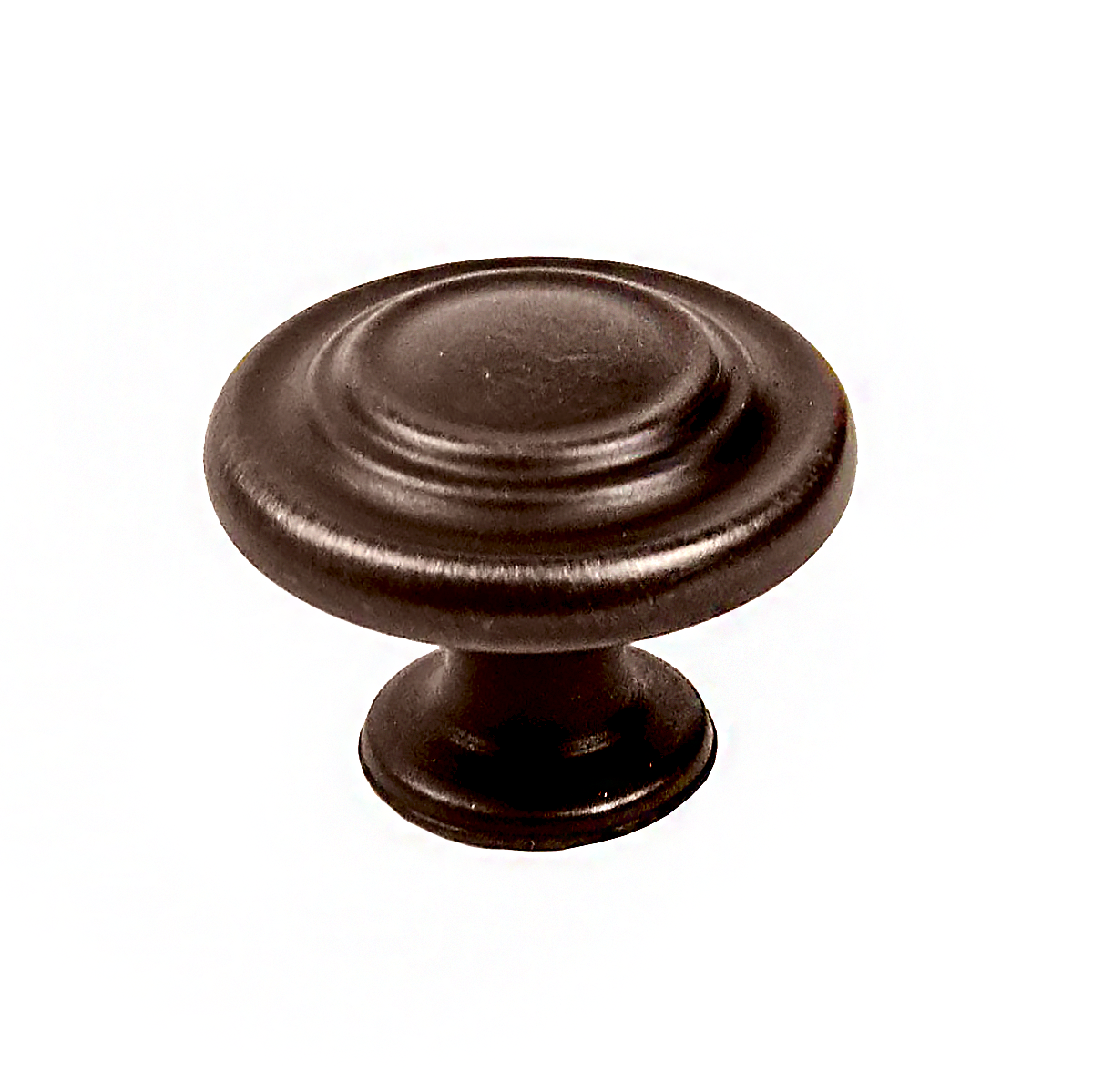 metal cabinet handle with a button-shaped knob and a decorative ring attached to a straight HardwareDirect Brushed Oil Rubbed Bronze round handle pull knob