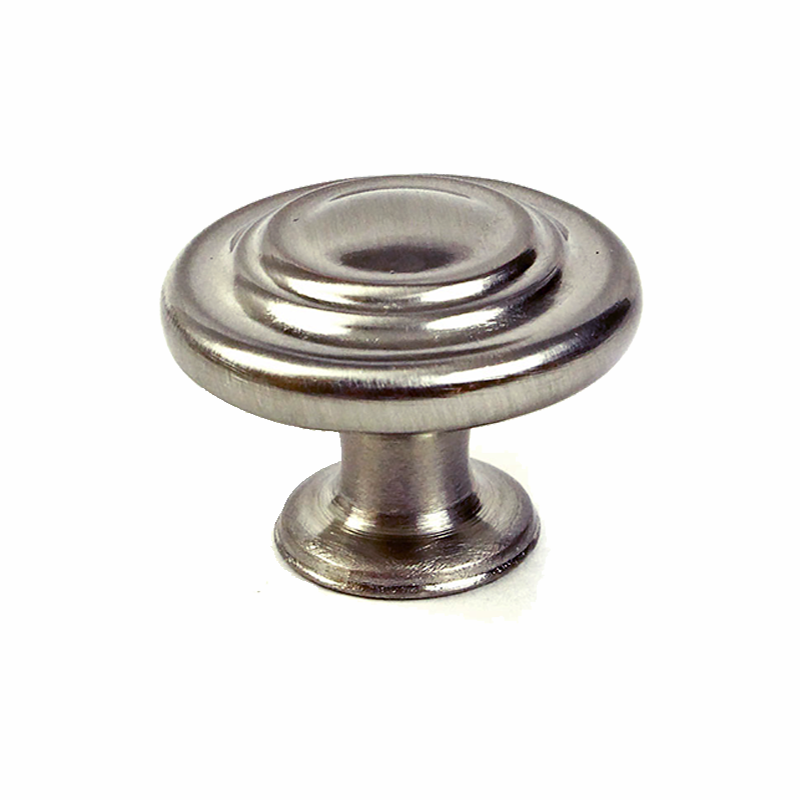 A silver-colored metal cabinet handle with a button-shaped knob and a HardwareDirect Brushed Nickel handle pull knob upclose