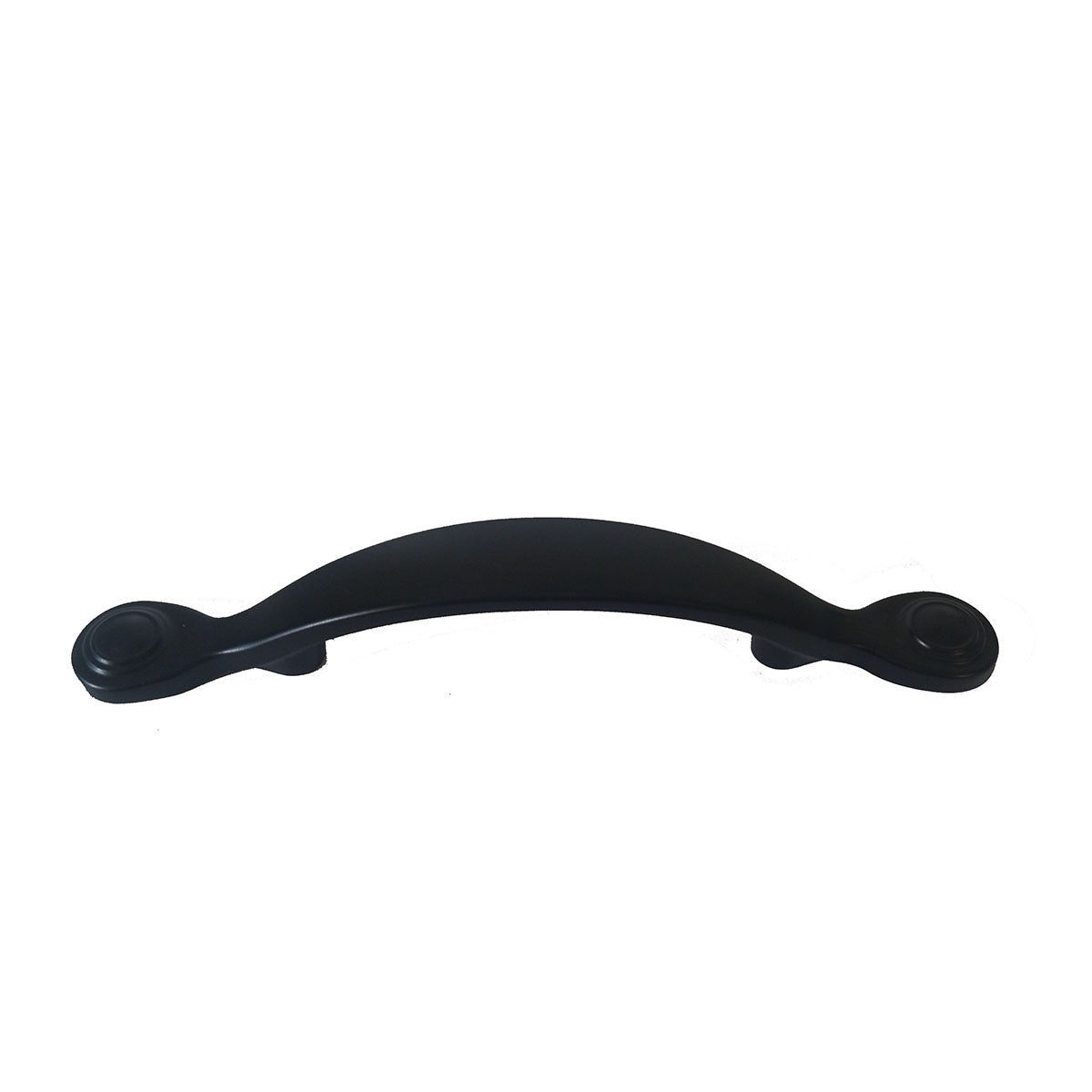 matte black-colored metal cabinet handle with a button-shaped knob and a decorative ring attached to a straight HardwareDirect handle pull knob