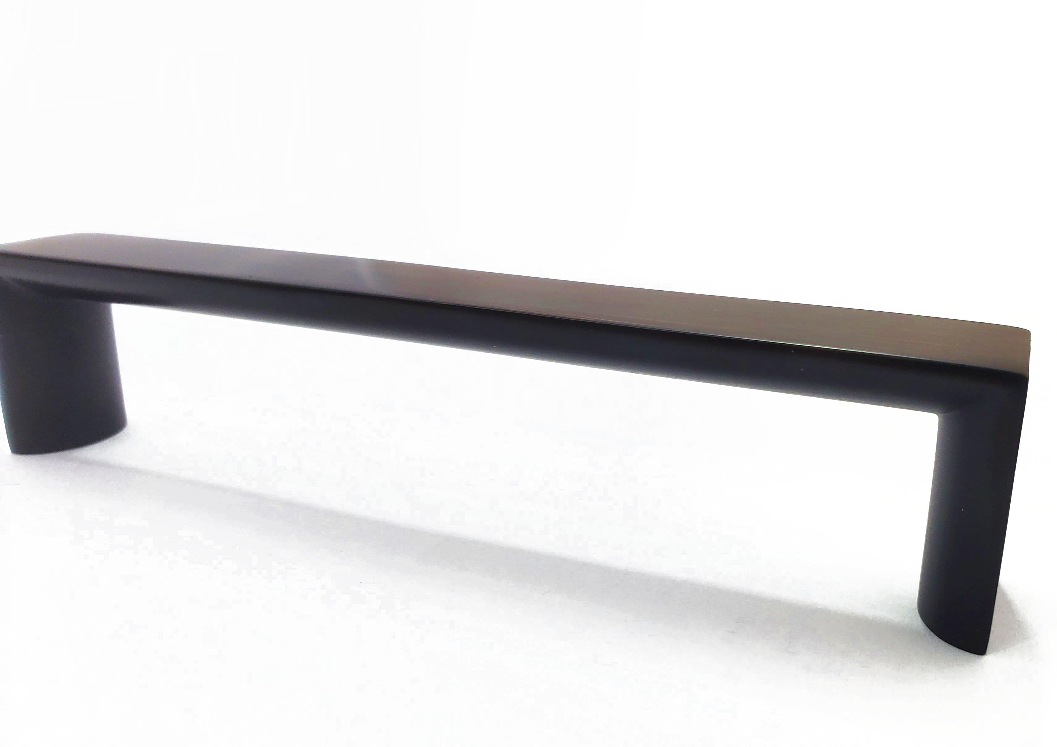 Contemporary sleek cabinet knobs with flat square design in brushed oil rubbed bronze for kitchens baths furniture side view