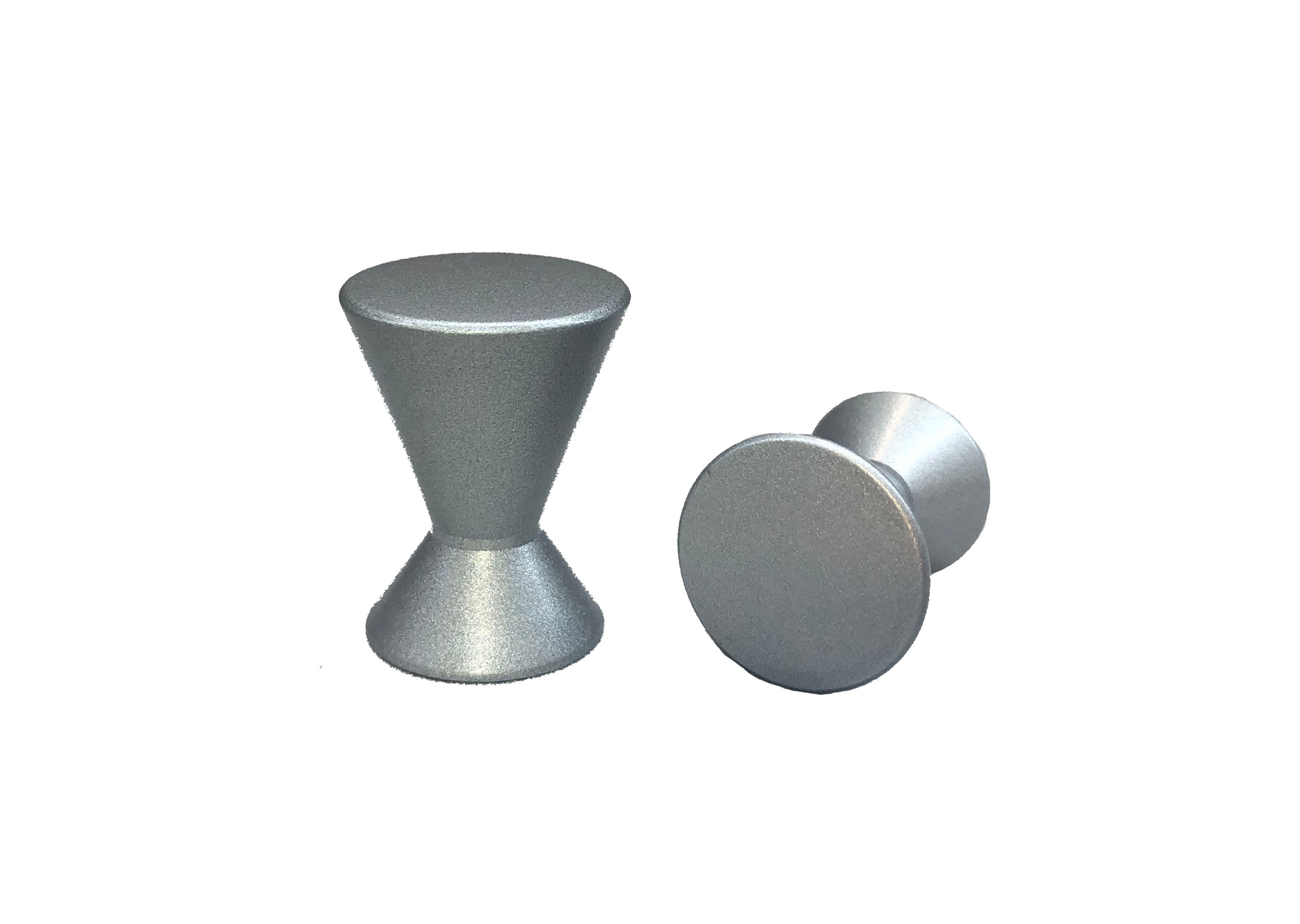 A matte silver trophy knob for cabinetry, accompanied by a single screw with threaded end. HardwareDirect closeup