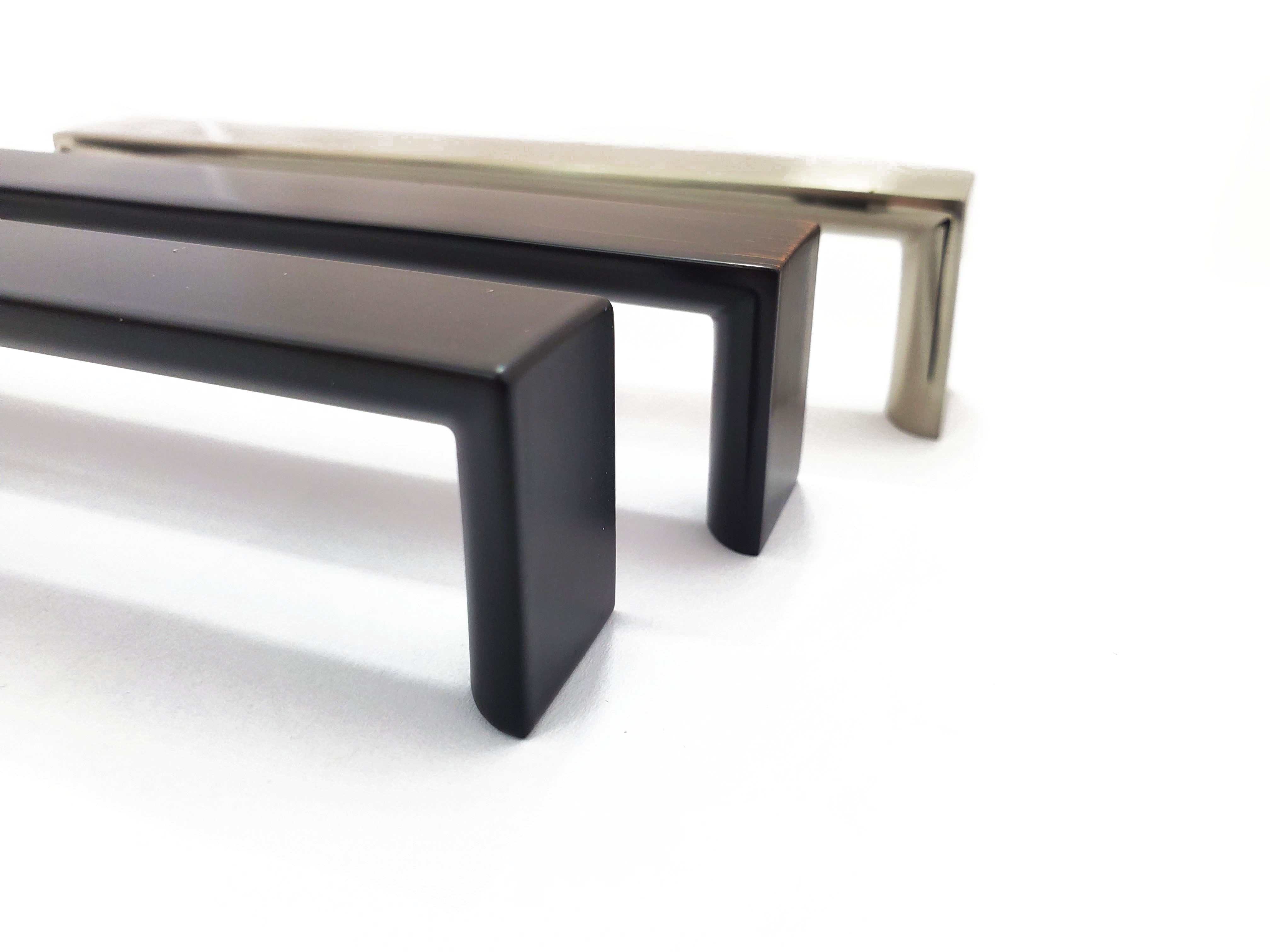 Craftsman-style cabinet hardware handles upclose side view in brushed nickel, matte black, and bronze colors. HardwareDirect for kitchen and bath cabinet pulls and knobs