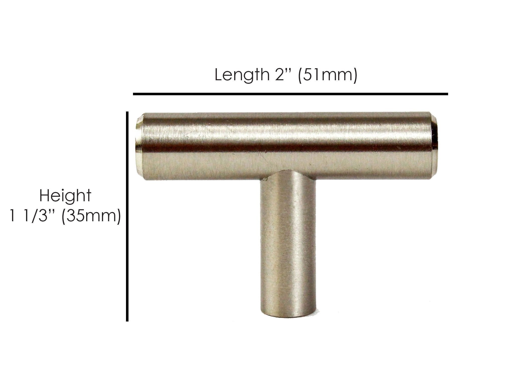 2" T Bar Cabinet Knob Handle in Solid Steel Nickel with 12mm Diameter Hardware for Kitchen or Bathroom Dimensions Measured Shown