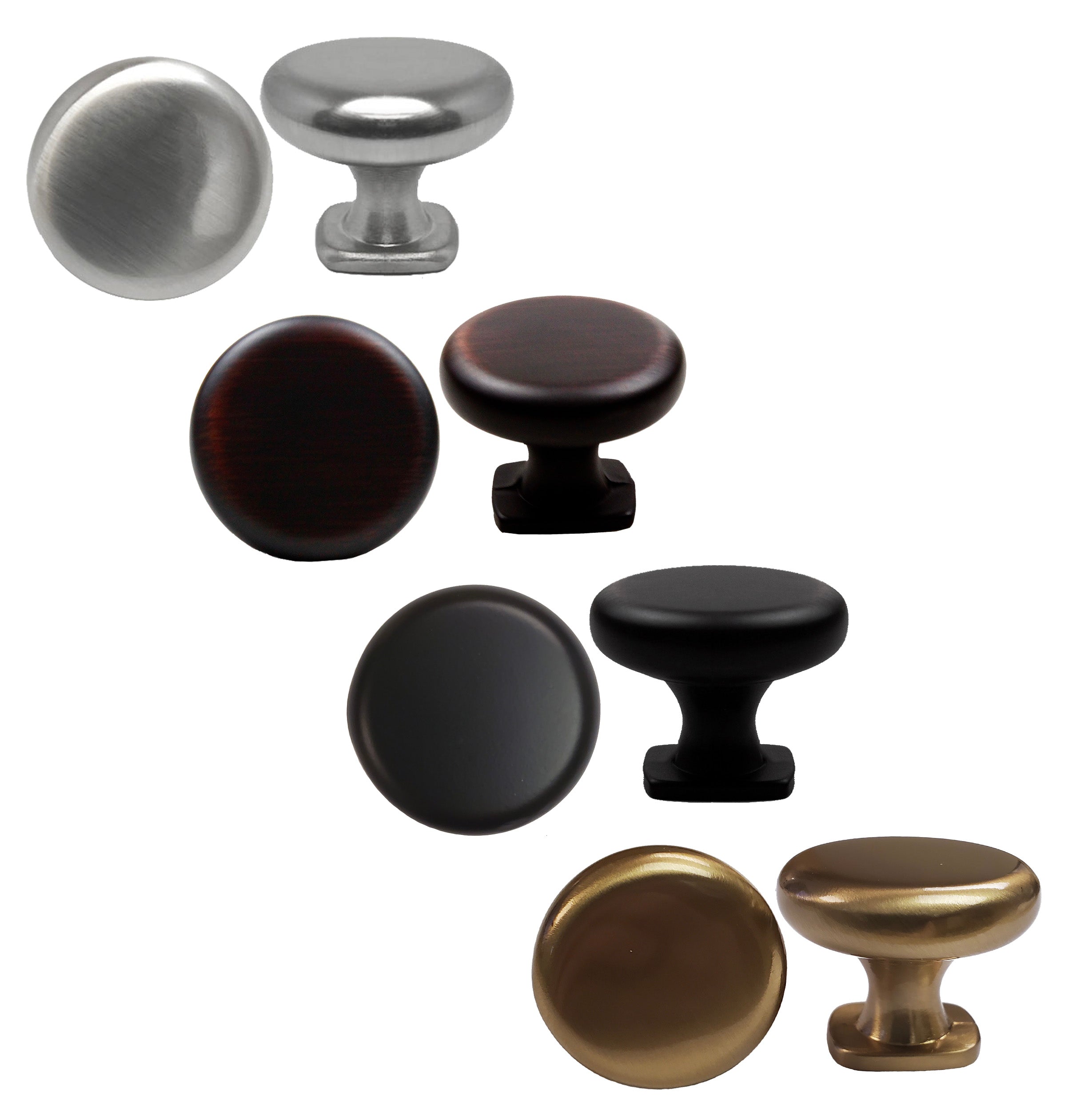 shield-shaped cabinet knobs brushed nickel, matte black, brushed oil rubbed bronze, champagne gold bronze.  Kitchen cabinet hardware pulls and knobs.  HardwareDirect modern traditional simple