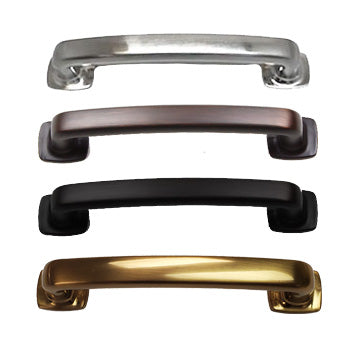 shield-shaped cabinet handles in different finishes: brushed nickel, bronze, gold, and black. HardwareDirect modern traditional simple