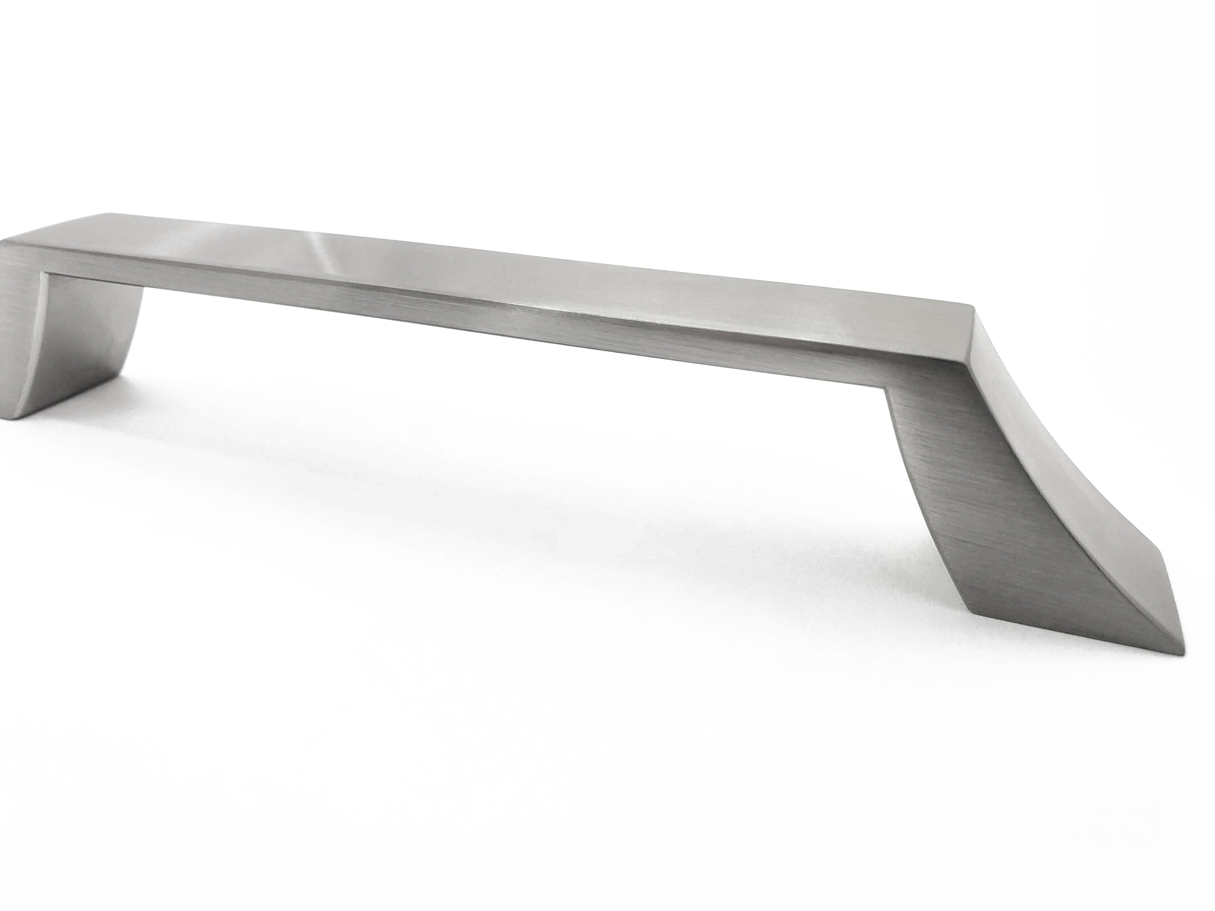 Brushed Nickel curved classic craftsmane cabinet pulls and knobs for kitchen or bathroom cabinets square modern side view close