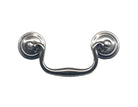 A silver-colored bail and rosette pull for cabinet hardware. Brushed nickel pull handle for kitchens and baths and furniture dressers. HardwareDirect