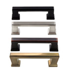 Silver, black, bronze, champagne colored knob and a matching handle from the Column Collection, intended for use on a kitchen or bath cabinet or furniture piece.  Sleek modern contemporary decorative handles HardwareDirect