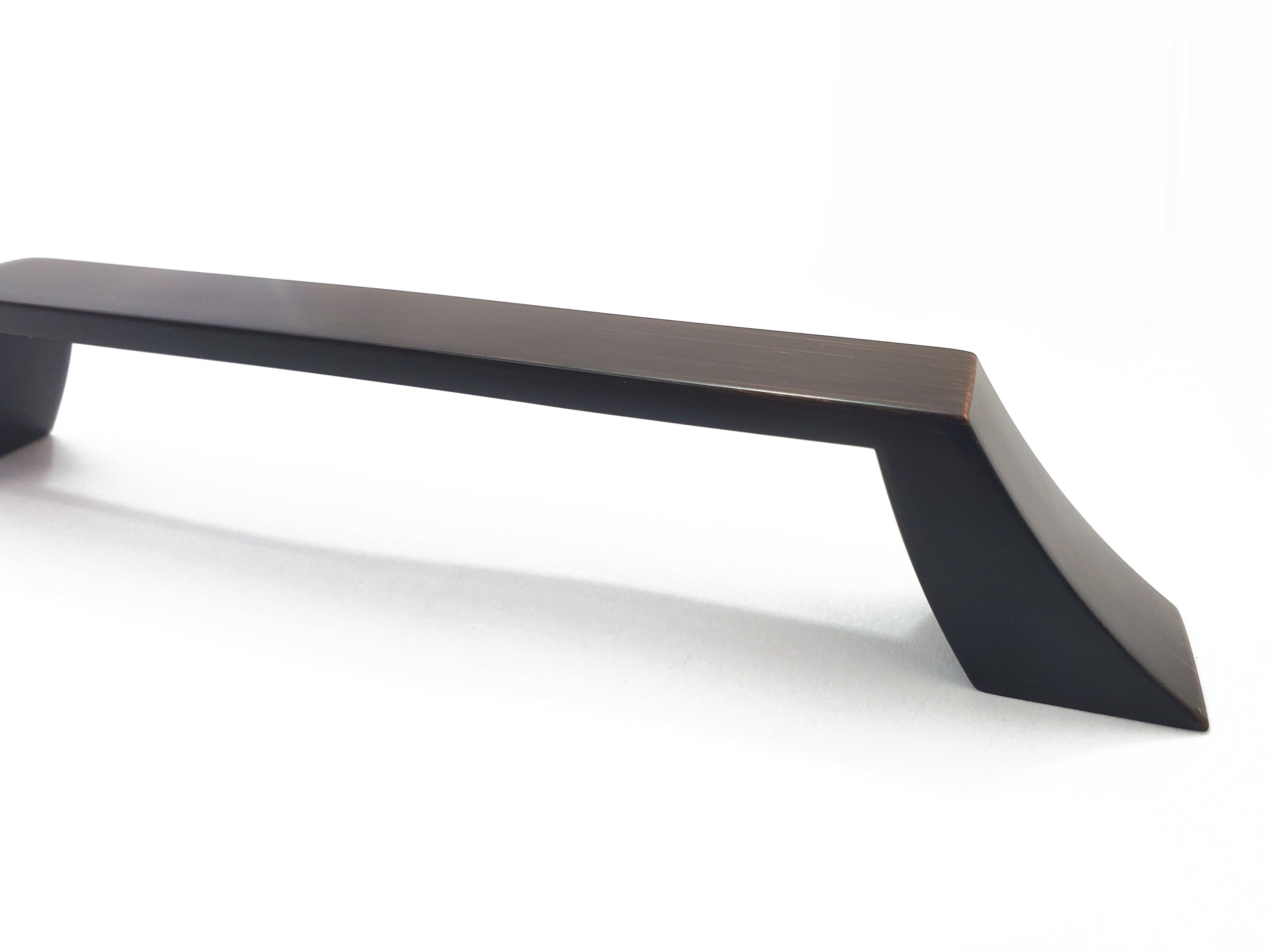 Contemporary modern sleek cabinet handles curved craftsman design in brushed oil rubbed bronze upclose side 