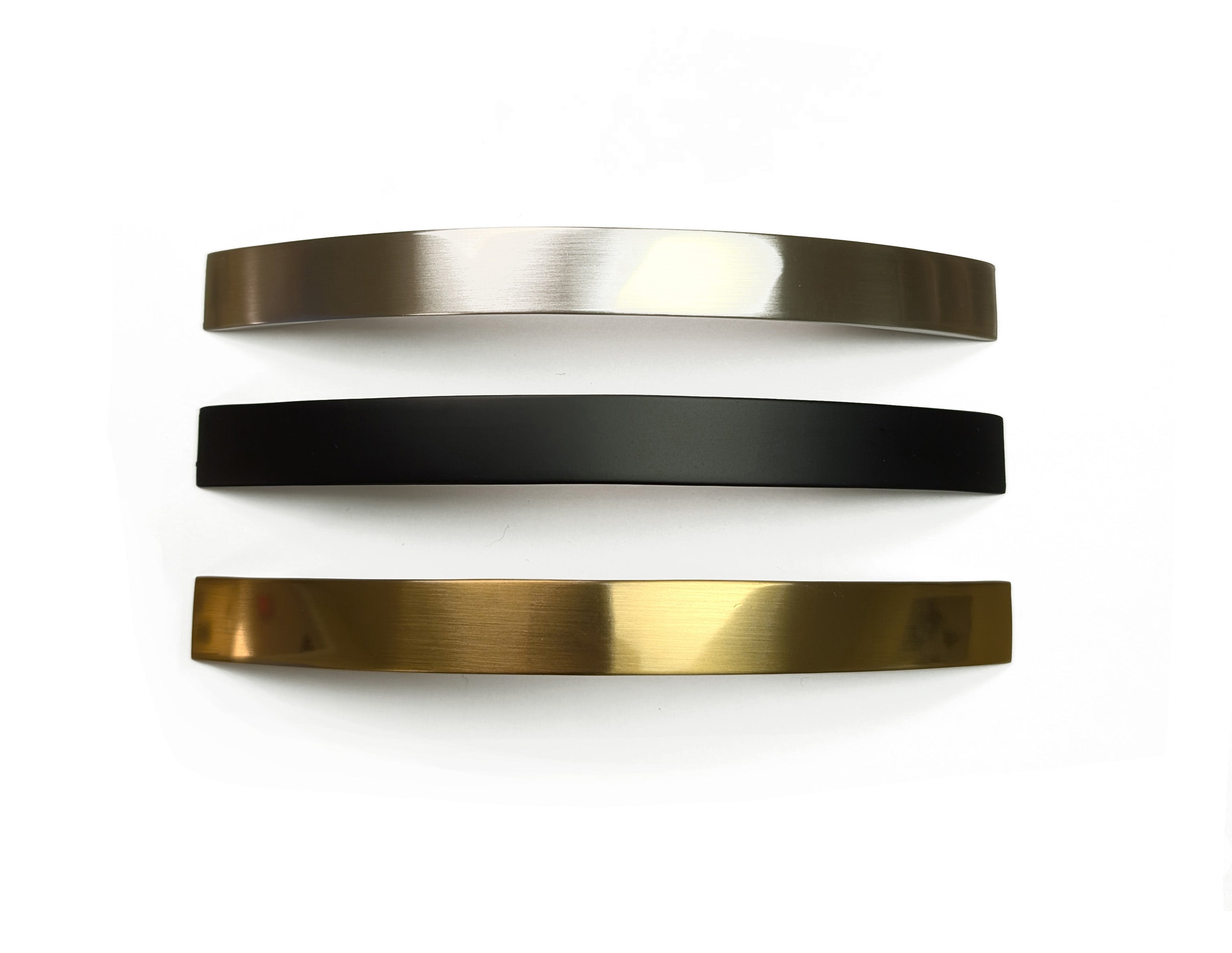Champagne Gold Bronze, Matte Black, and Brushed Nickel cabinet handles displayed side by side