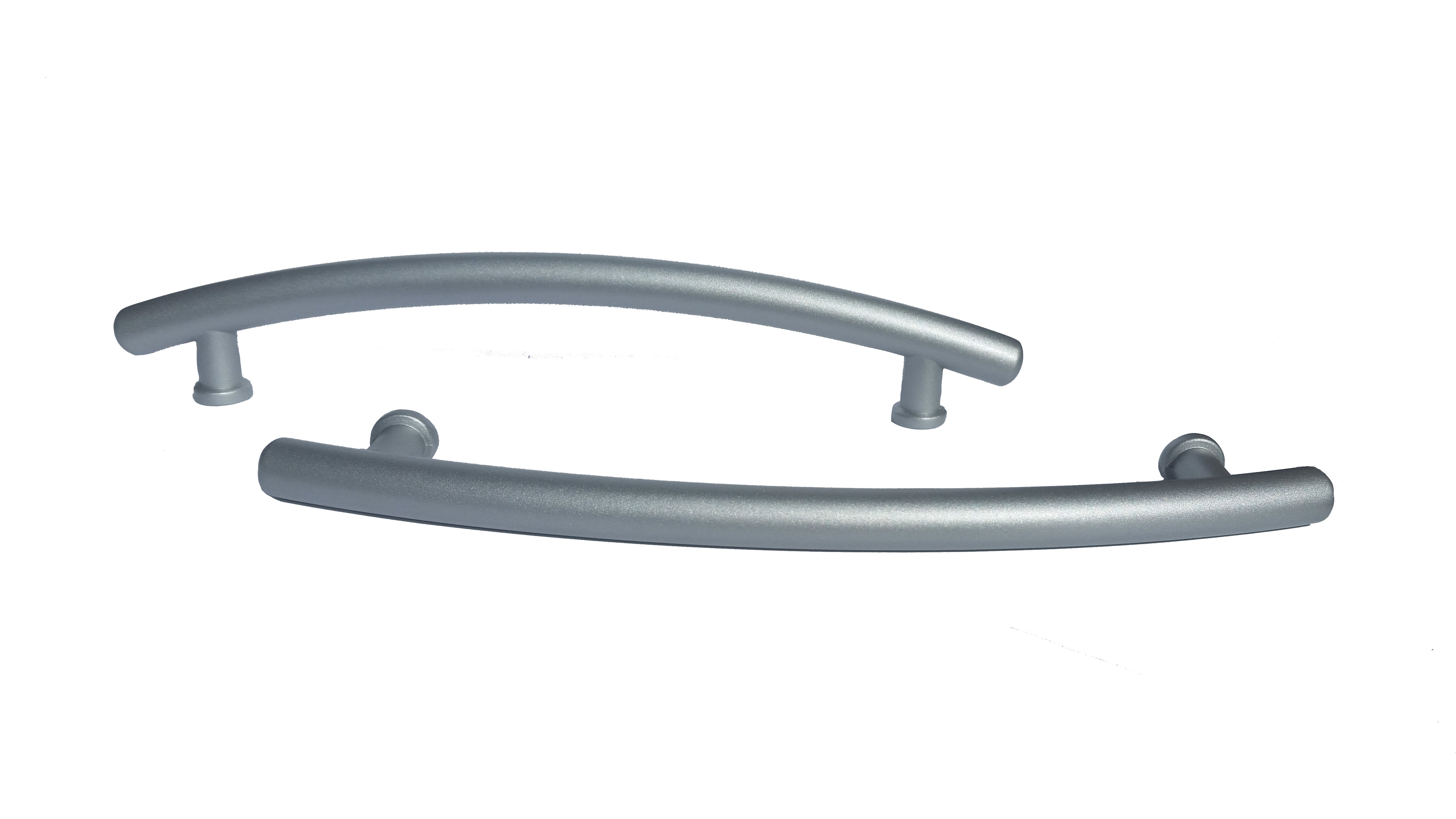 Matte aluminum rod handle for cabinets with a modern design, featuring a center-to-center dimension of 128mm and a length of 165mm. HardwareDirect. 