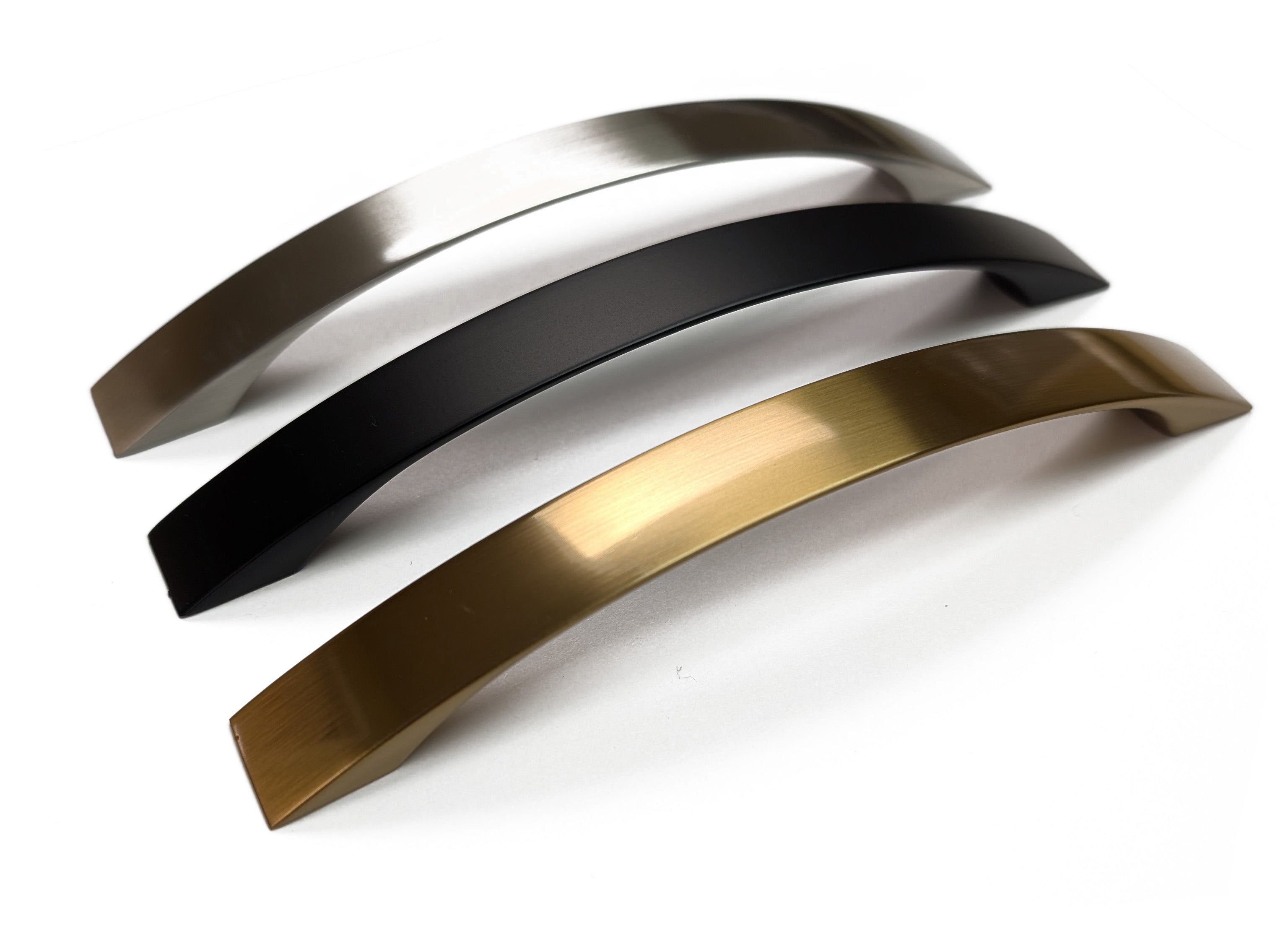 Contemporary drawer pulls in Champagne Gold Bronze, Matte Black, and Brushed Nickel finishes