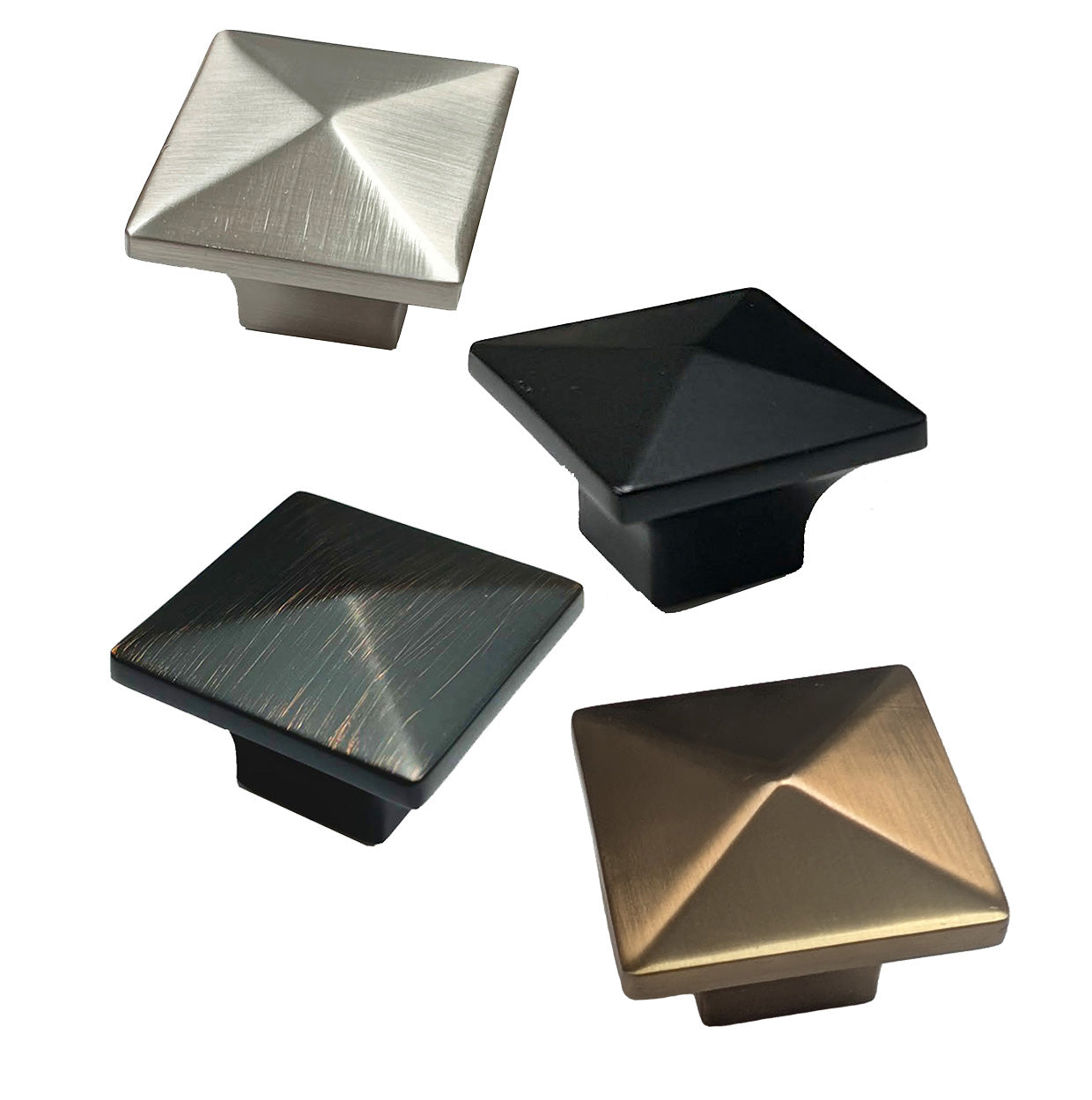 stainless steel pyramid knobs in different finishes including brushed nickel, brushed oil rub bronze, matte black, and champagne gold.  Square modern angular HardwareDirect cabinet knobs and pulls. 