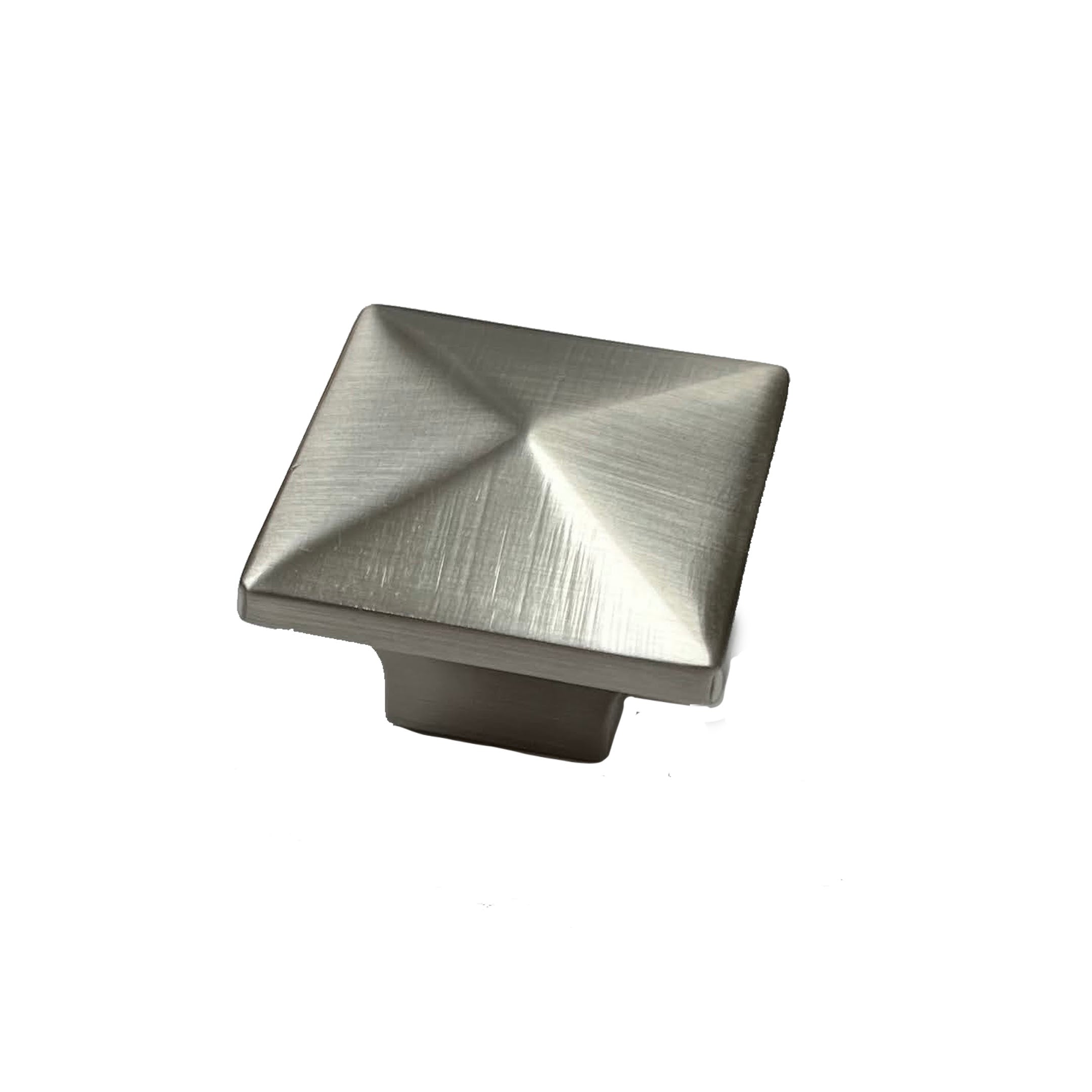 stainless steel pyramid knobs in different finishes including brushed nickel.  Square modern angular HardwareDirect cabinet knobs and pulls. 
