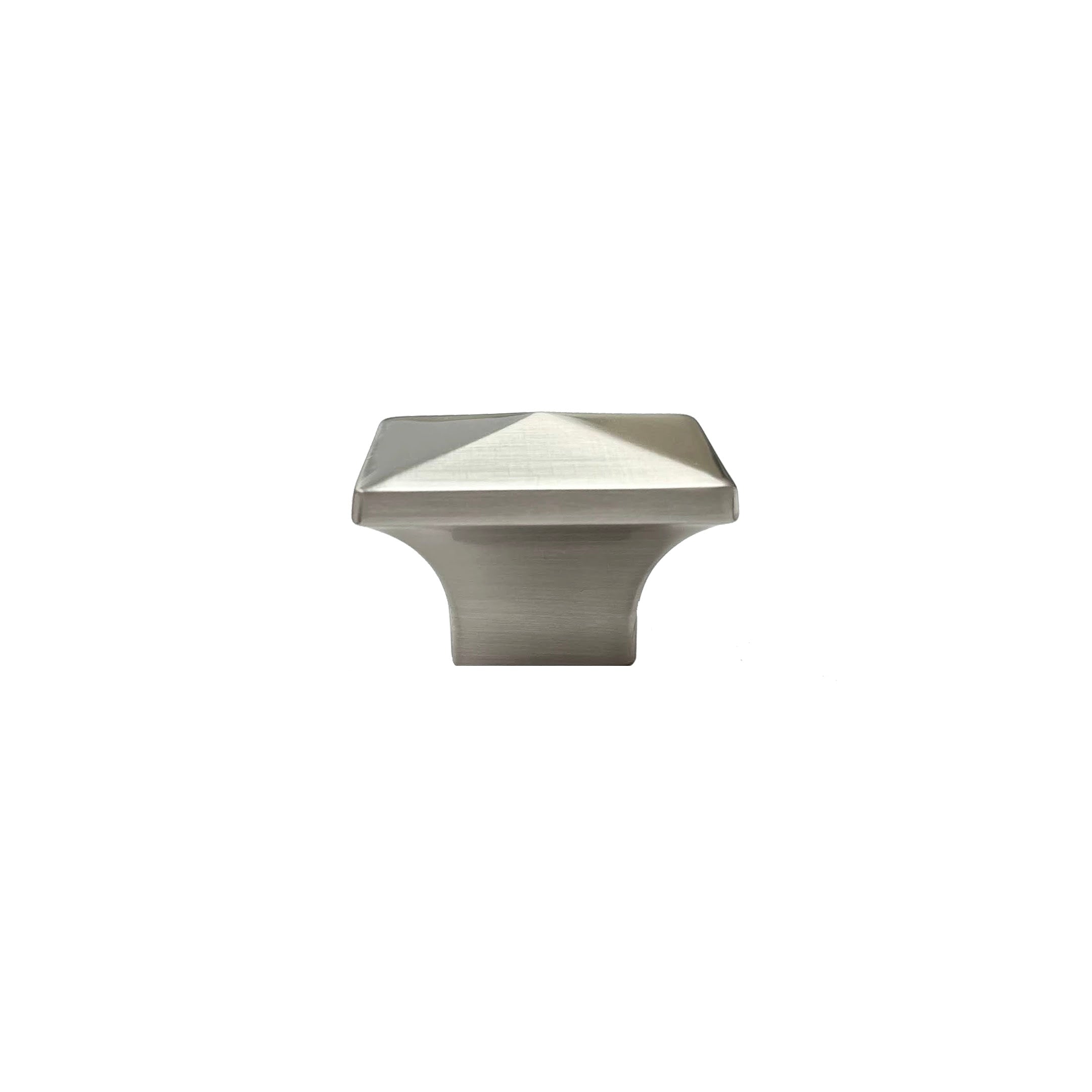 side view stainless steel pyramid knobs in different finishes including brushed nickel.  Square modern angular HardwareDirect cabinet knobs and pulls. 