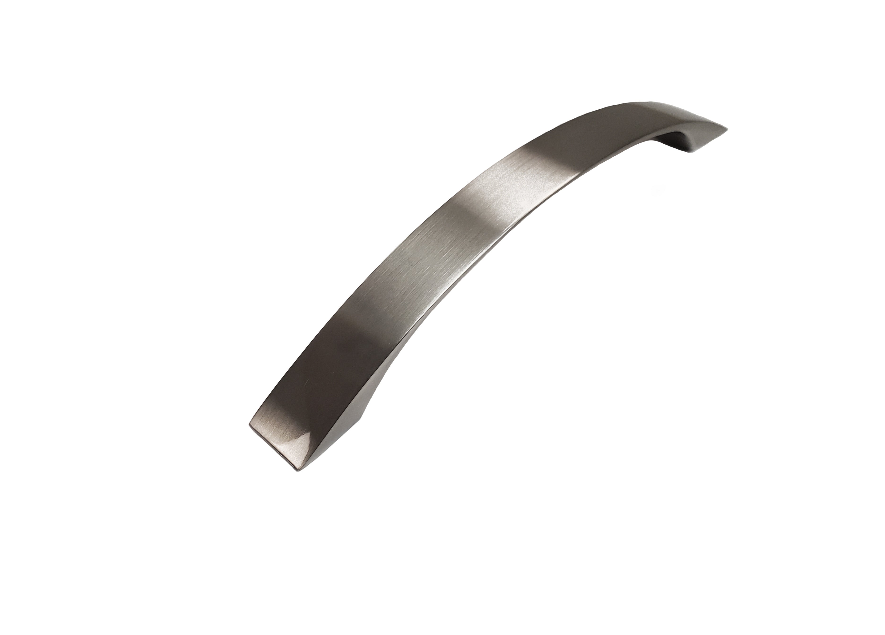 Modern hardware pulls in curved design with brushed metallic finishes brushed nickel