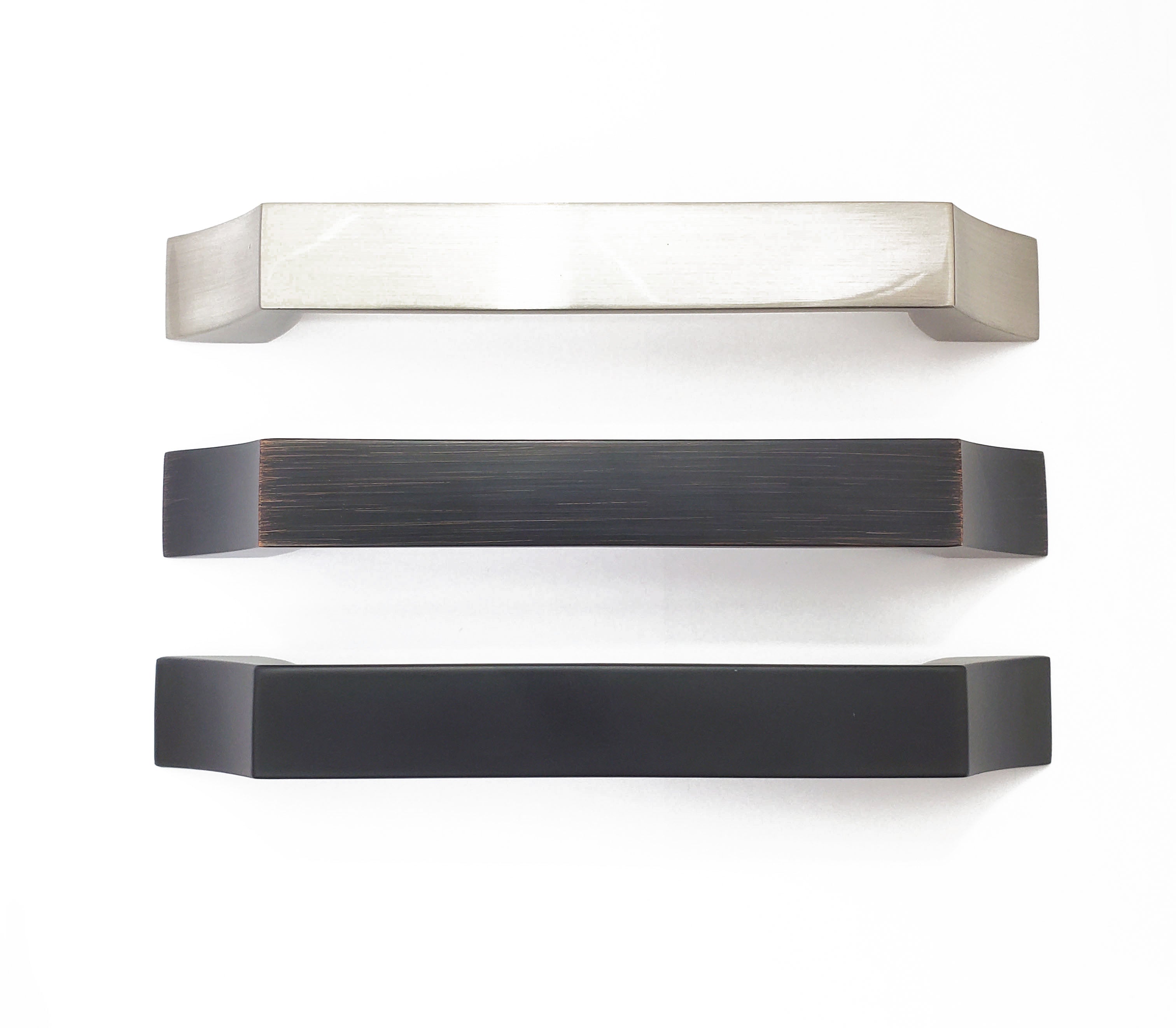 Image showing top up close of curved Craftsman-style cabinet hardware handles.  Sleek curved modern simple comtemporary HardwareDirect for kitchen and bath cabinet pulls and knobs.  Brushed Nickel bronze and matte black