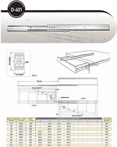 35mm F/E Drawer Slide w/ Overtravel 95lbs